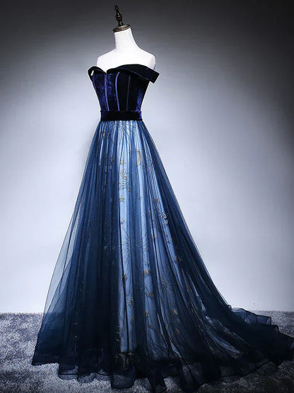 Blue Tulle Velvet Long Prom Dress, Blue Evening Dress HZ1024