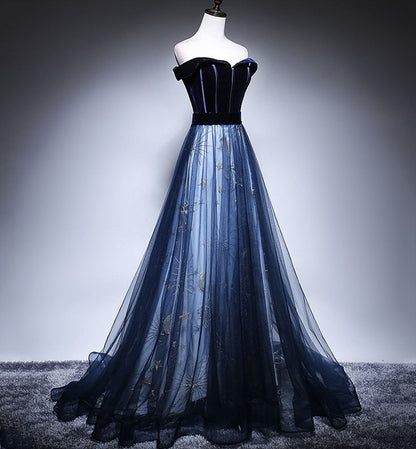 Blue Tulle Velvet Long Prom Dress, Blue Evening Dress HZ1024