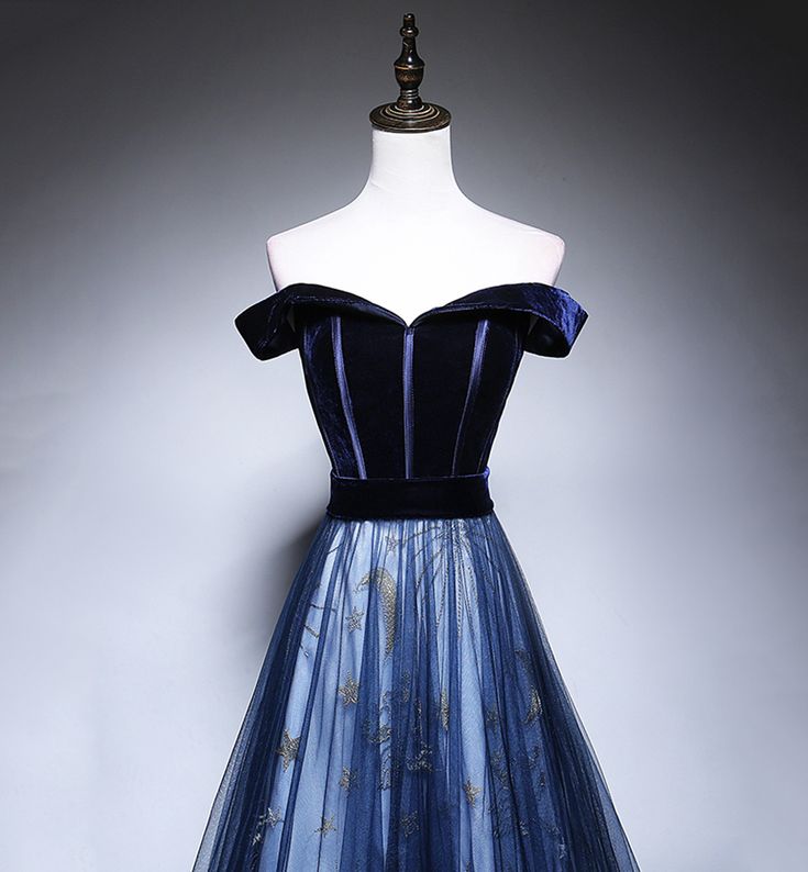 Blue Tulle Velvet Long Prom Dress, Blue Evening Dress HZ1024