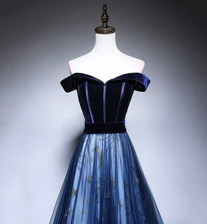 Blue Tulle Velvet Long Prom Dress, Blue Evening Dress HZ1024