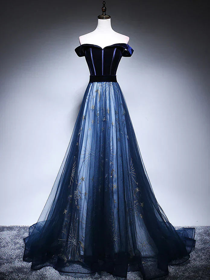Blue Tulle Velvet Long Prom Dress, Blue Evening Dress HZ1024