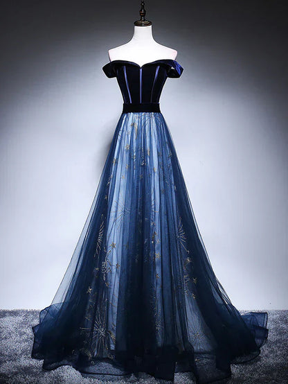 Blue Tulle Velvet Long Prom Dress, Blue Evening Dress HZ1024