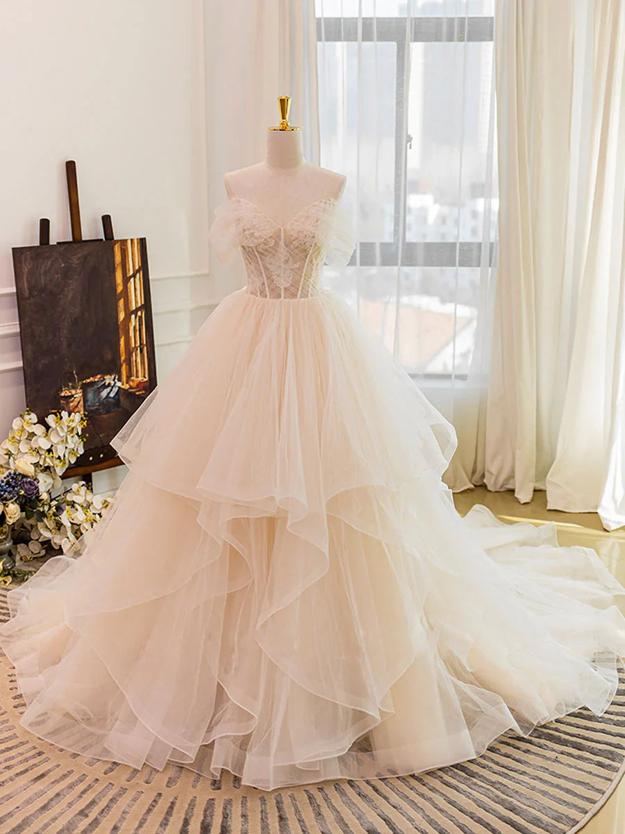 Champagne Sweetheart Neckline Tulle Lace Long Wedding Dress, Lace Bridal Dress ED0886