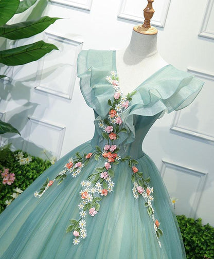 Green Tulle Lace Long Prom Gown, Tulle Lace Evening Dress ED0887