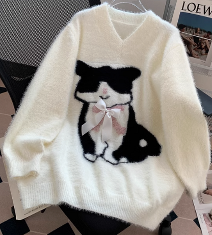 Cat Loose V-Neck Long Sleeve Sweater HZ1024