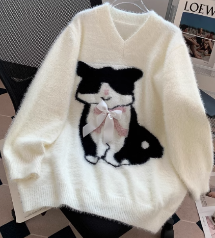 Cat Loose V-Neck Long Sleeve Sweater HZ1024