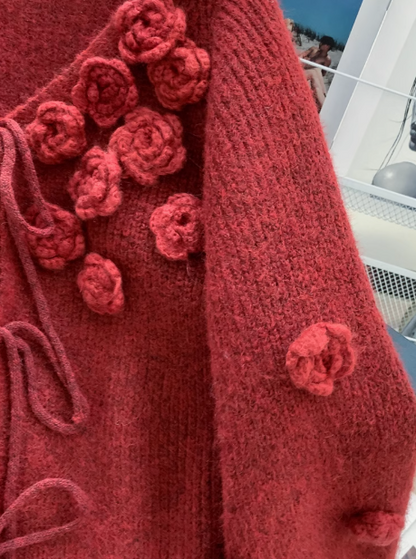 3D Flower Red Cardigan Sweater HZ1024