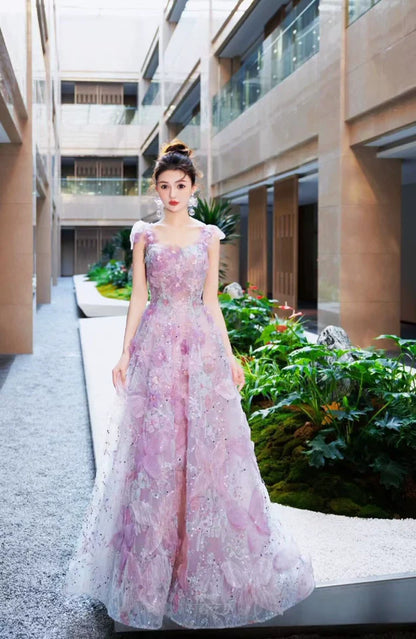 Purple A-line  Tulle Sequined Long Prom Dress,Purple Evening Dress ED0935