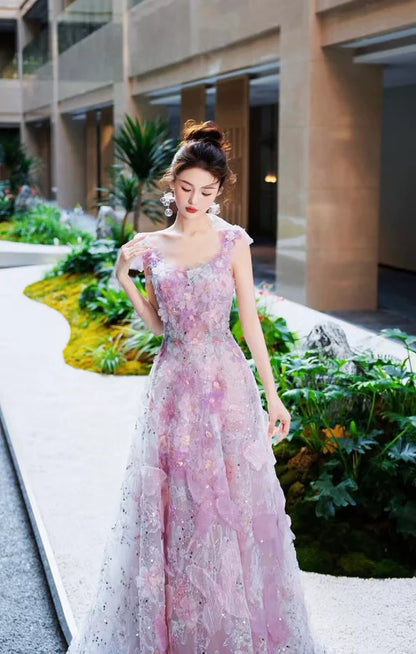 Purple A-line  Tulle Sequined Long Prom Dress,Purple Evening Dress ED0935
