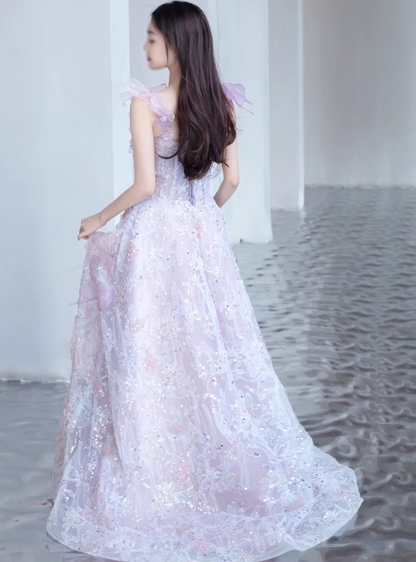 A-line Tulle Sequined Long Prom Dress,Purple Evening Dress HZ1024