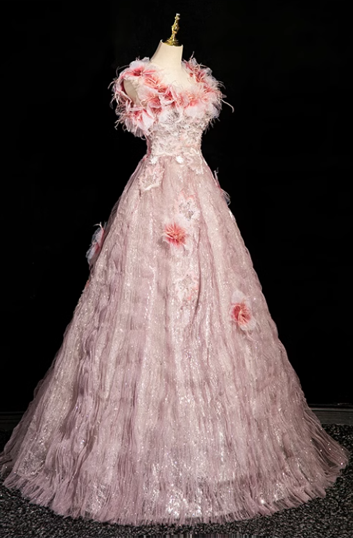 A-line square neck tulle beaded formal long dress, pink birthday dress HZ1024