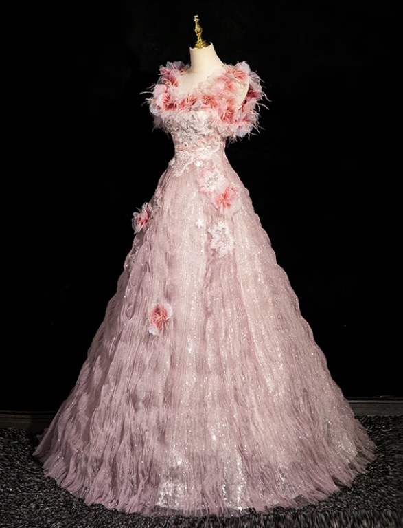 A-line square neck tulle beaded formal long dress, pink birthday dress HZ1024