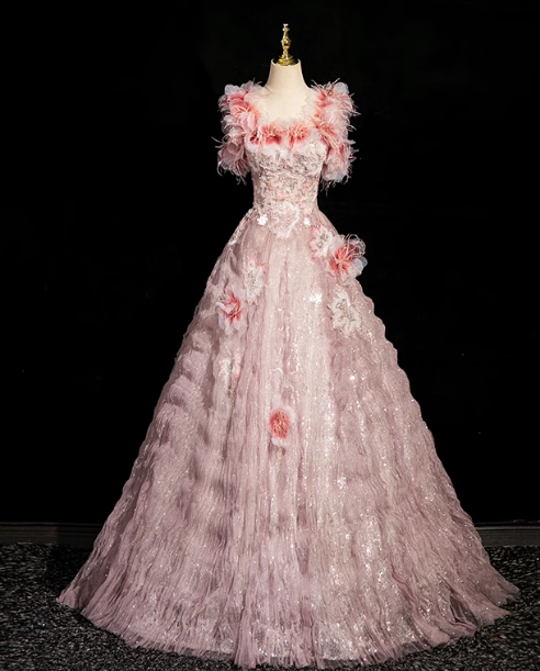 A-line square neck tulle beaded formal long dress, pink birthday dress HZ1024
