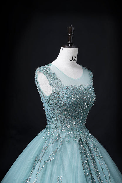 Green A-line mesh sequins formal long dress, green sequins evening dress ED0938