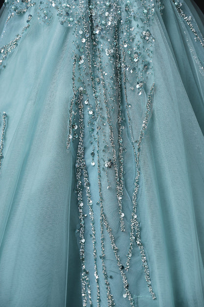 Green A-line mesh sequins formal long dress, green sequins evening dress ED0938