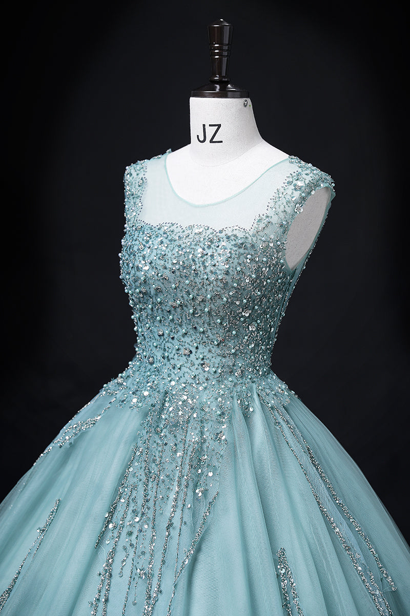 A-line mesh sequins formal long dress, green sequins evening dress HZ1024