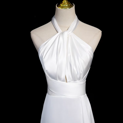 halter neck satin mermaid formal long dress , white wedding dress HZ1024