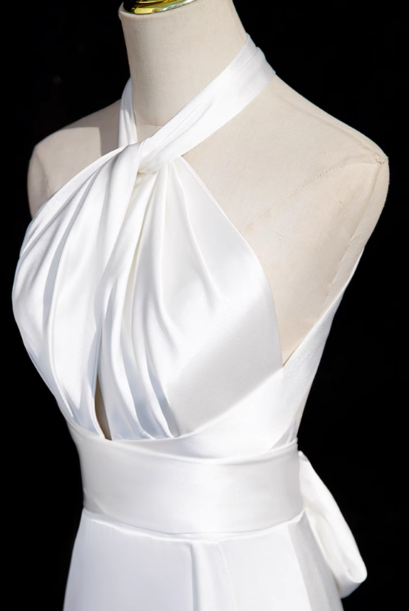White halter neck satin mermaid formal long dress , white wedding dress ED0939