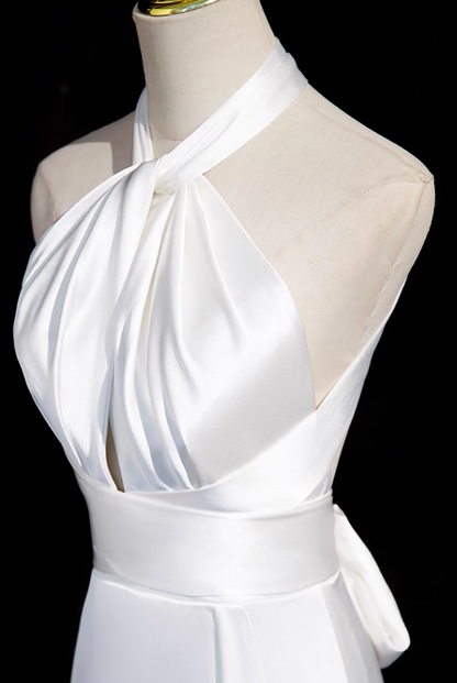 White halter neck satin mermaid formal long dress , white wedding dress ED0939