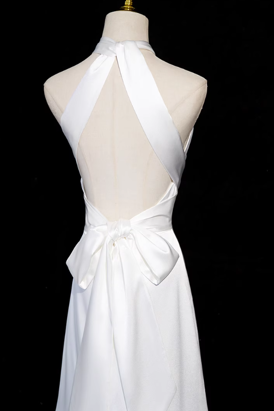 White halter neck satin mermaid formal long dress , white wedding dress ED0939