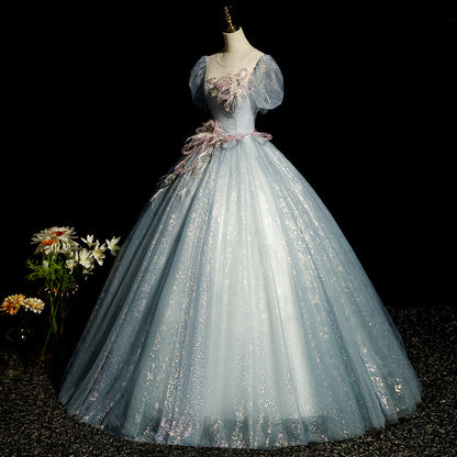blue A-line tulle sequins formal long dress, gray blue evening dress HZ1024