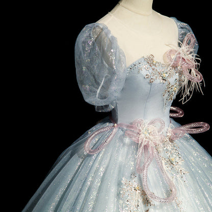 blue A-line tulle sequins formal long dress, gray blue evening dress HZ1024