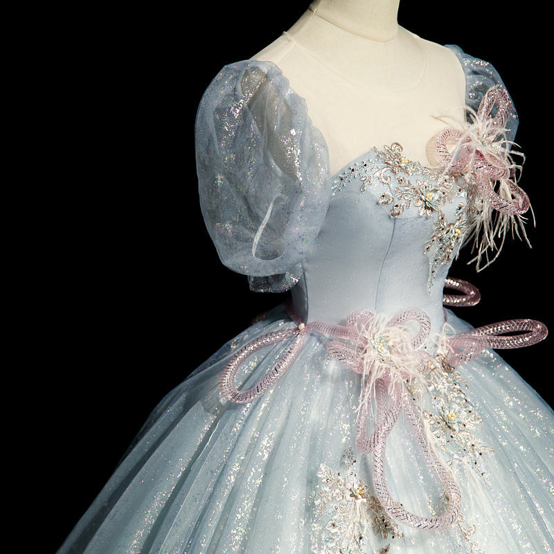 Gray blue A-line tulle sequins formal long dress, gray blue evening dress ED0940