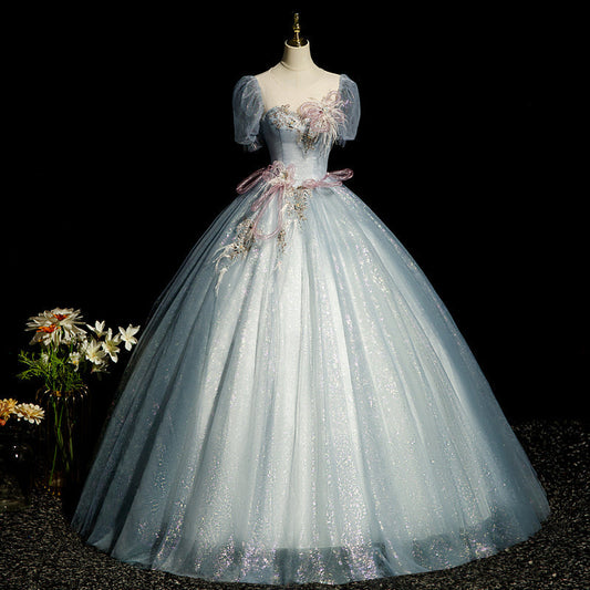blue A-line tulle sequins formal long dress, gray blue evening dress HZ1024