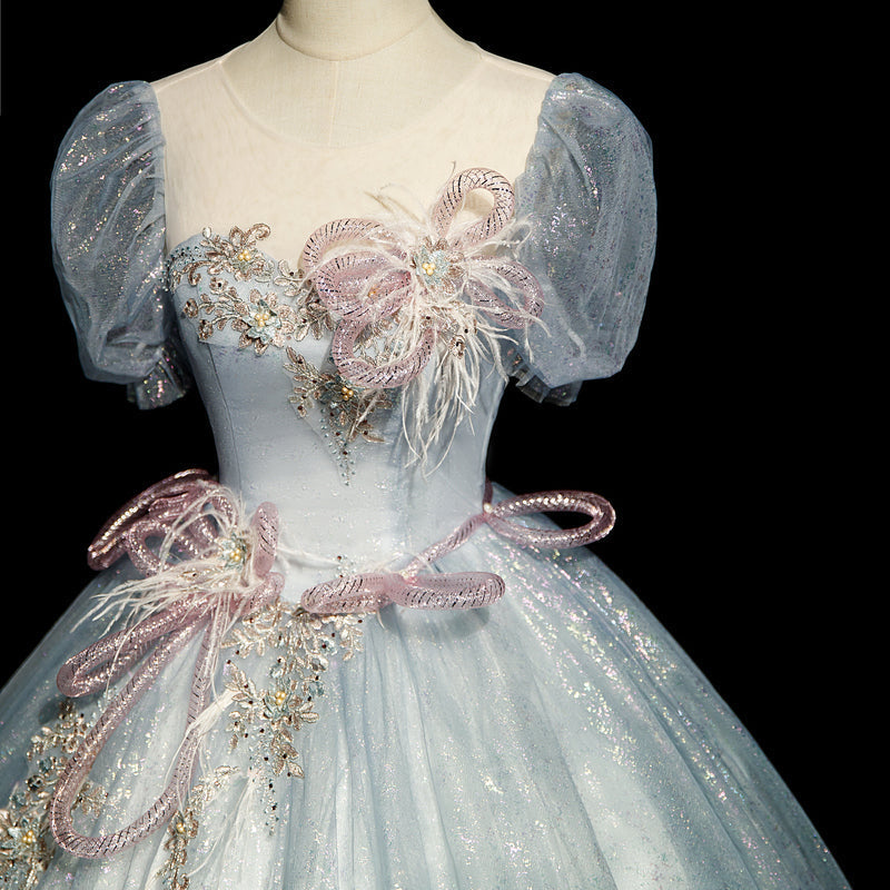 blue A-line tulle sequins formal long dress, gray blue evening dress HZ1024