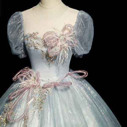 blue A-line tulle sequins formal long dress, gray blue evening dress HZ1024