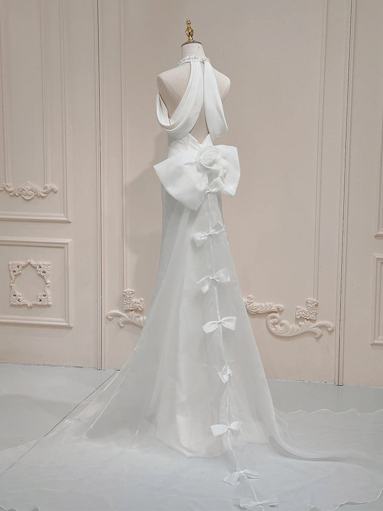 White halter neck satin mermaid formal long dress, white evening dress ED0941