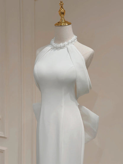 White halter neck satin mermaid formal long dress, white evening dress ED0941