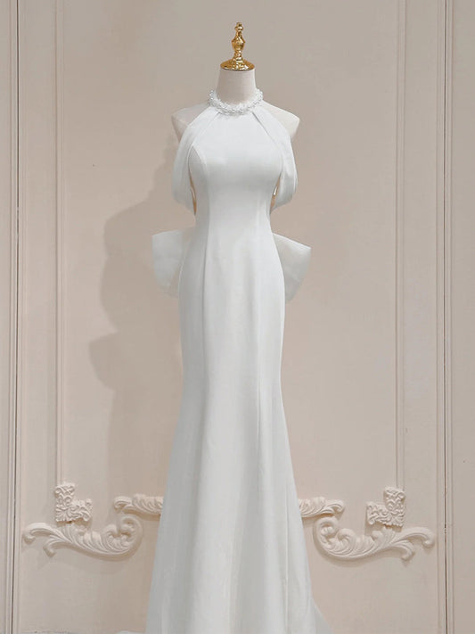 White halter neck satin mermaid formal long dress, white evening dress ED0941