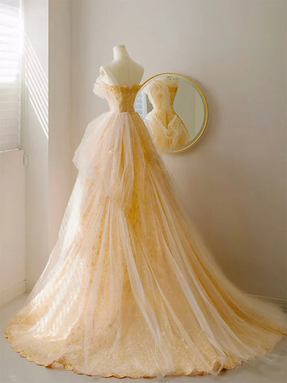A-Line Tulle Lace Champagne Long Prom Dress, Champagne Long Formal Dress ED0942