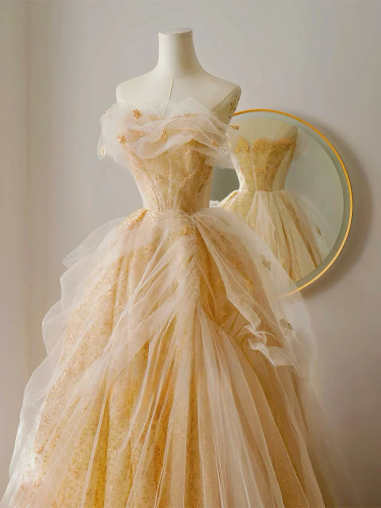 A-Line Tulle Lace Champagne Long Prom Dress, Champagne Long Formal Dress ED0942