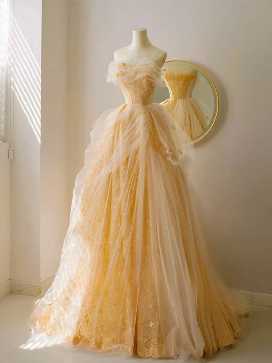 A-Line Tulle Lace Champagne Long Prom Dress, Champagne Long Formal Dress ED0942