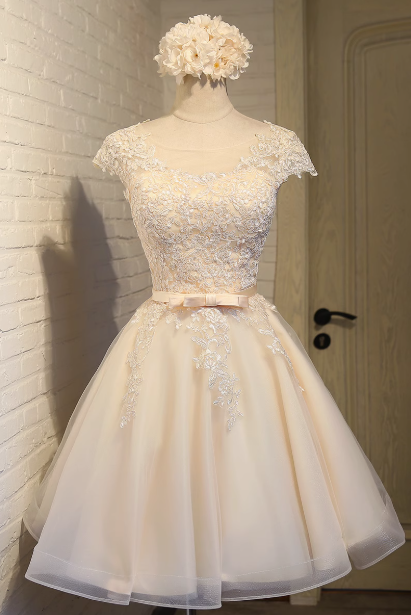 A-line tulle lace embroidered homecoming dress, champagne bridesmaid dress HZ1024