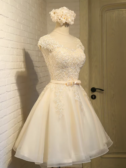 Champagne A-line tulle lace embroidered homecoming dress, champagne bridesmaid dress ED0948