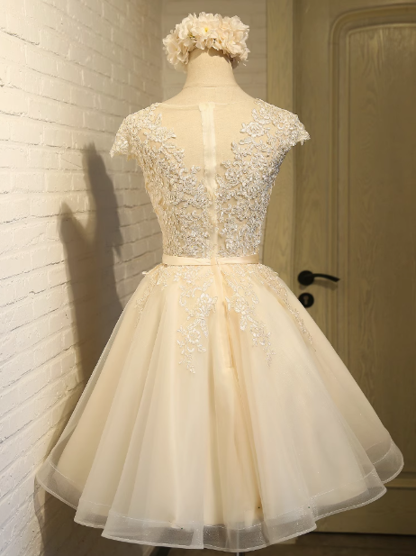 A-line tulle lace embroidered homecoming dress, champagne bridesmaid dress HZ1024