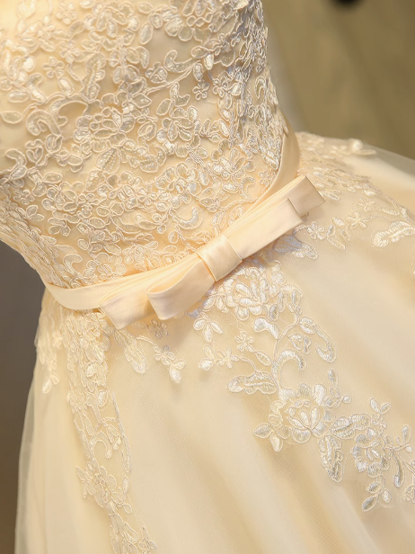 A-line tulle lace embroidered homecoming dress, champagne bridesmaid dress HZ1024