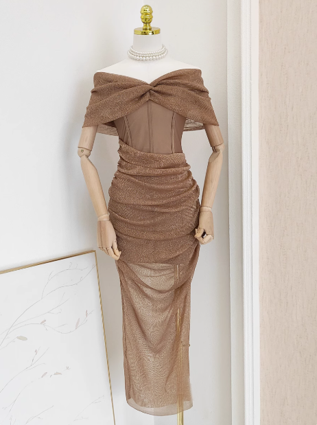 French cut splicing off-shoulder hip dress, evening dress ED0961