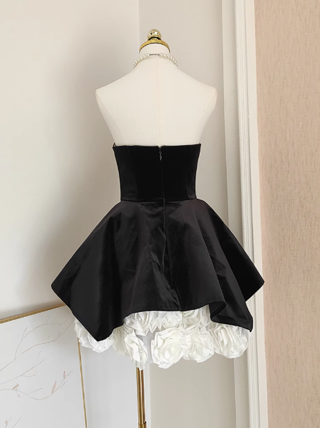 A-line Velvet tube top mesh patchwork 3D flower contrast color dress, birthday dress ED0962