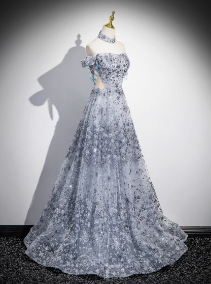 A-line Off-shoulder Tulle Long Prom Dress, Gray Evening Dress HZ1024