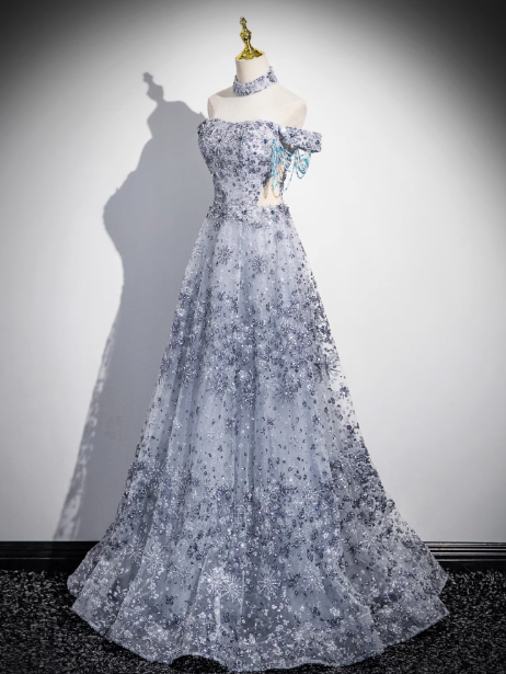 A-line Off-shoulder Tulle Long Prom Dress, Gray Evening Dress HZ1024