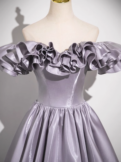 Purple A-line Off-shoulder Satin Long Prom Dress, Gray Purple Evening Dress HZ1024