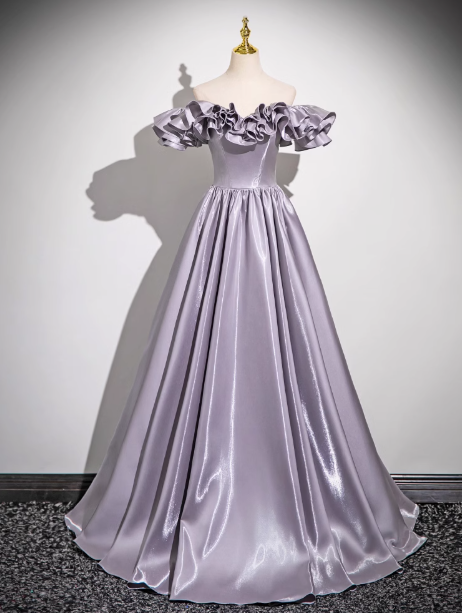 Purple A-line Off-shoulder Satin Long Prom Dress, Gray Purple Evening Dress HZ1024