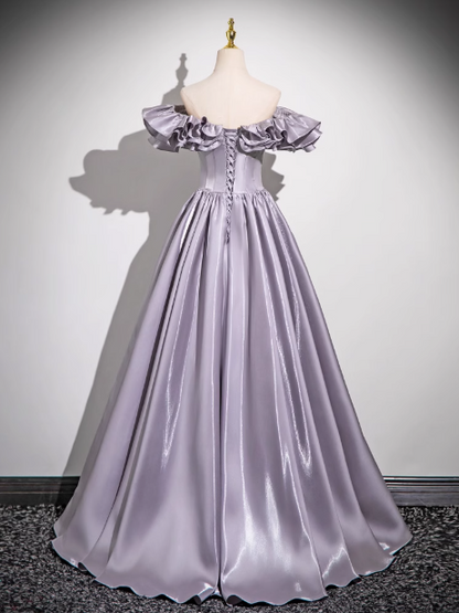 Purple A-line Off-shoulder Satin Long Prom Dress, Gray Purple Evening Dress HZ1024