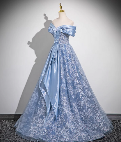 A-line Off-shoulder Tulle Satin Long Prom Dress, Blue Evening Dress HZ1024