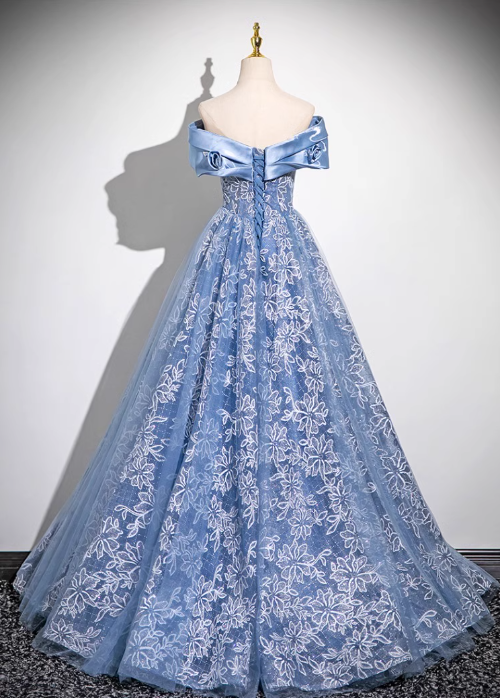 A-line Off-shoulder Tulle Satin Long Prom Dress, Blue Evening Dress HZ1024