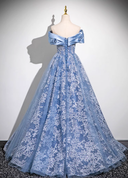Blue A-line Off-shoulder Tulle Satin Long Prom Dress, Blue Evening Dress ED0965